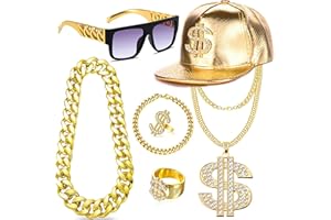 GIFIKOI 80s 90s Hip Hop Costumes Outfit Kit Fake Gold Chain Necklace Dollar Sign Cap Jewelry Set Rapper Accessories