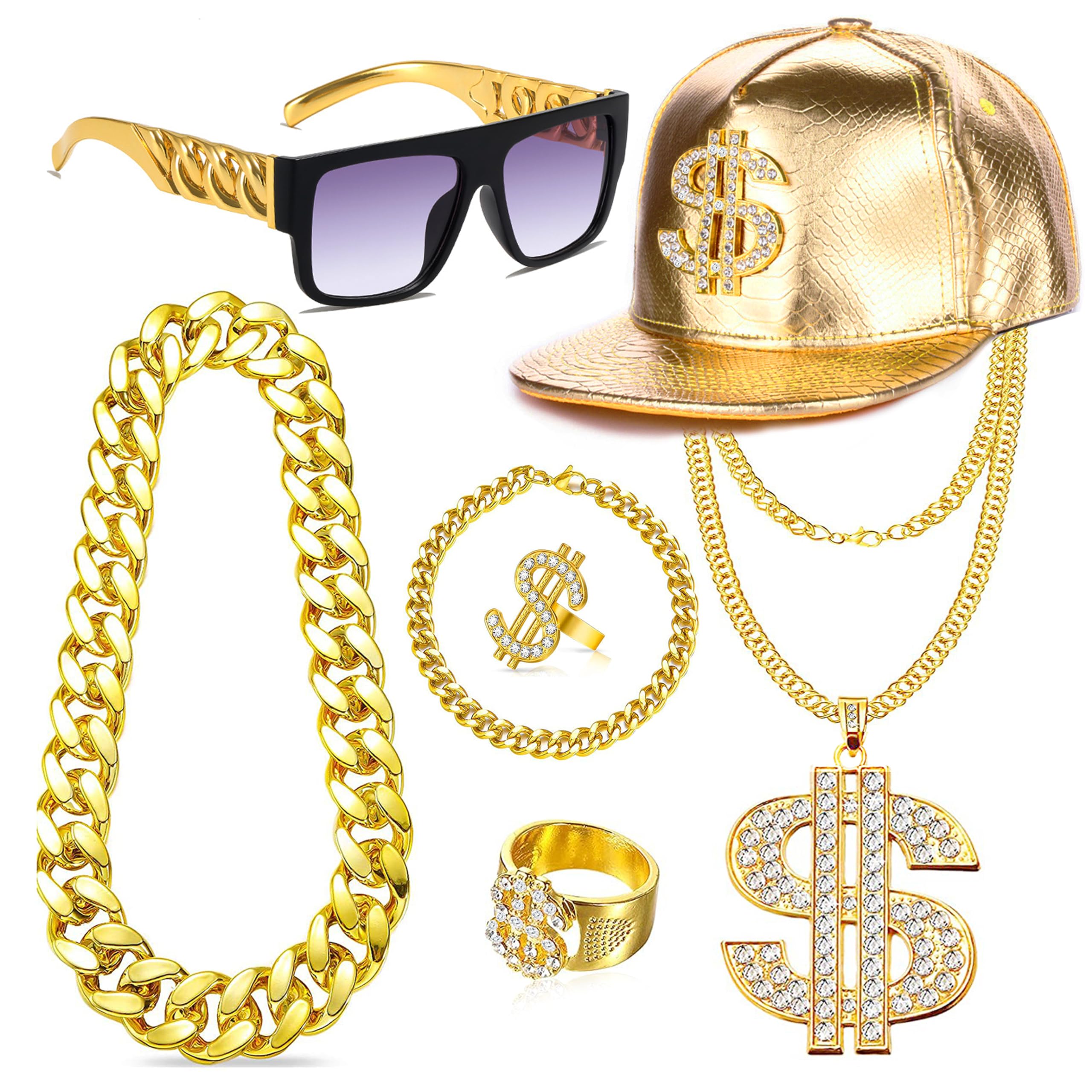 Photo 1 of ***SOME ITEMS ARE MISSING***GIFIKOI 80s 90s Hip Hop Costumes Outfit Kit Fake Gold Chain Necklace Gold Dollar Sign Cap Jewelry Set Rapper Accessories