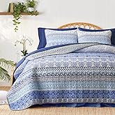 Tititada 3 Pieces Colorful Bohemian Quilt Set Full Queen Size, Blue n Grey Boho Striped Printed Bedding Bedspread Coverlet Set for Summer, Soft Lightweight Microfiber Quilt with 2 Shams (88x88 inces)
