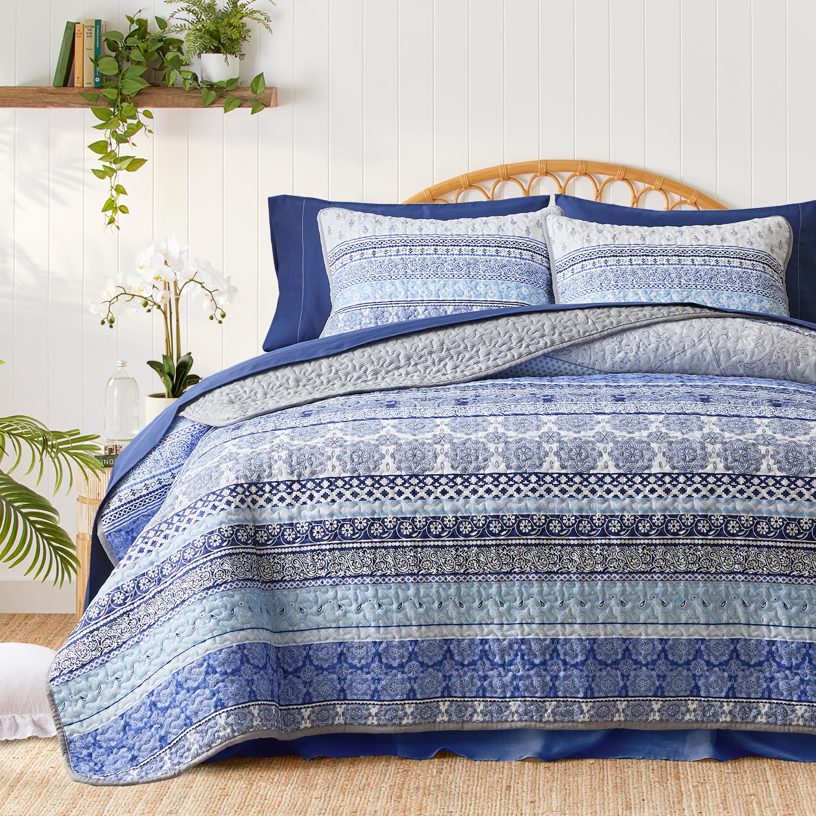 Photo 1 of 3 Pieces Colorful Bohemian Quilt Set California King Size, Blue n Grey Boho Striped Printed Bedding Bedspread Coverlet Set for Summer, Soft Lightweight Microfiber Quilt with 2 Shams (102x114 inces)