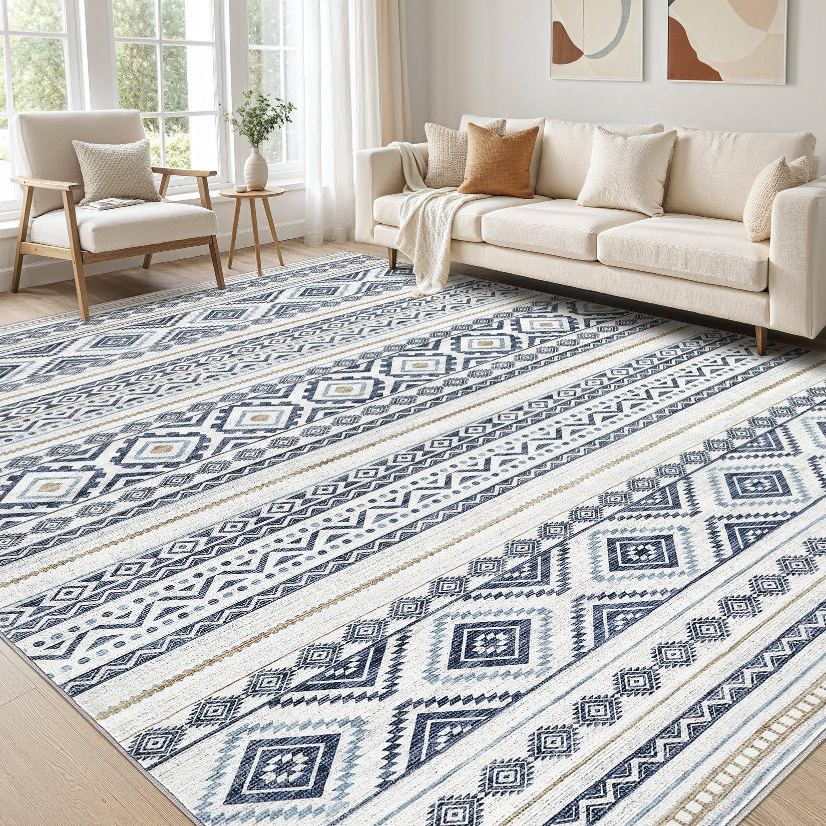 Photo 1 of cotiled 5x7 Area Rug for Living Room, Washable Non-Slip Large Area Rug, Indoor Floor Carpet Low Pile Soft Boho Farmhouse Rug for Bedroom Dining Room ?Blue?5x7?