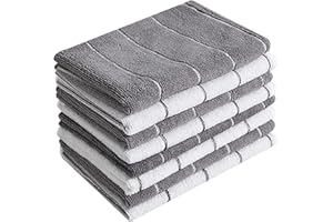 HYER KITCHEN Microfiber Kitchen Towels - Super Absorbent, Soft and Solid Color Dish Towels, 8 Pack (Stripe Designed Grey and White Colors), 26 x 18 Inch