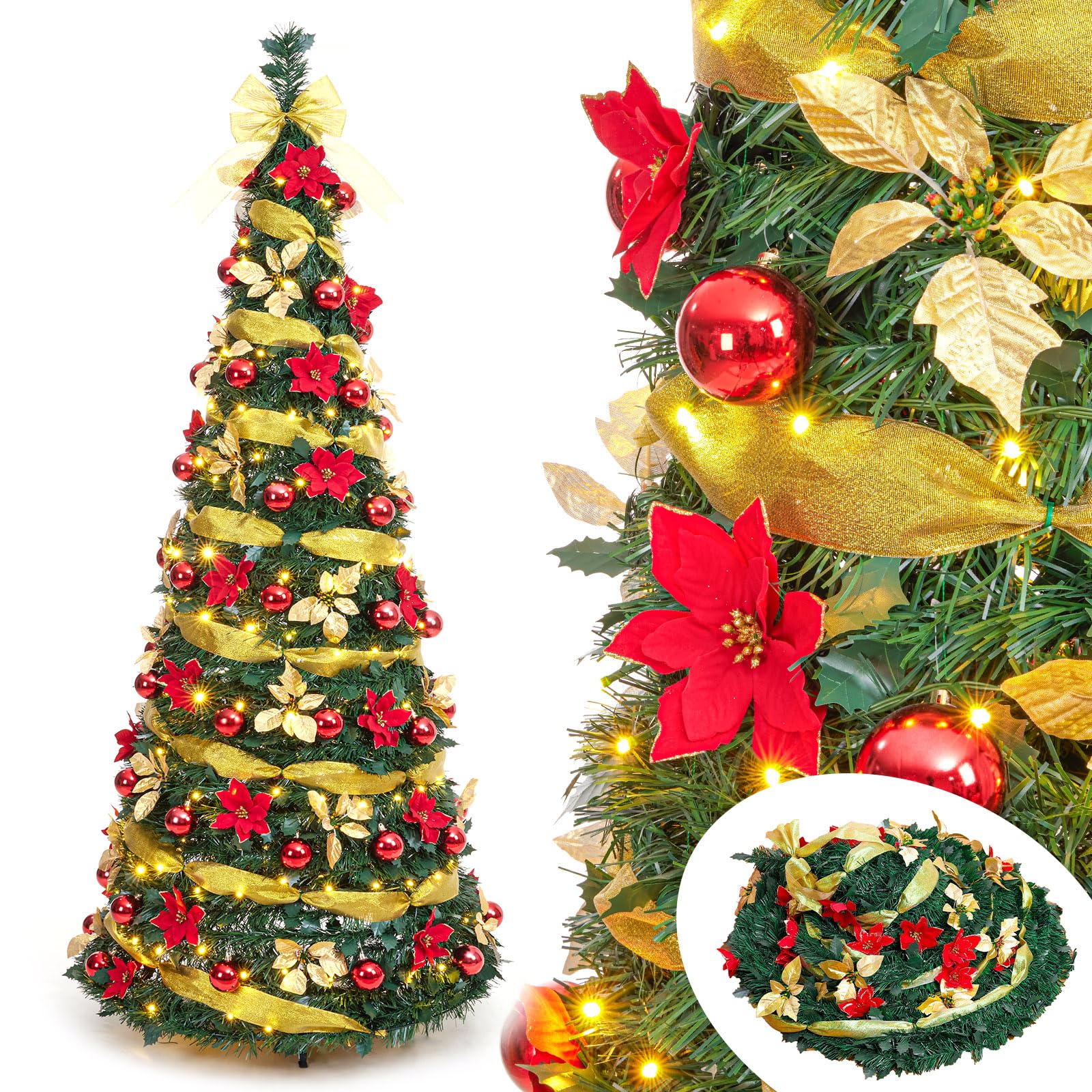 Photo 1 of Decoway Pre  Pre Decorated Christmas Tree Pop Up Christmas Tree with Remote Control, with Warm White & Colorful LED Lights,Holiday Party Decorations,Red Gold (6FT, Surround Ribbon)