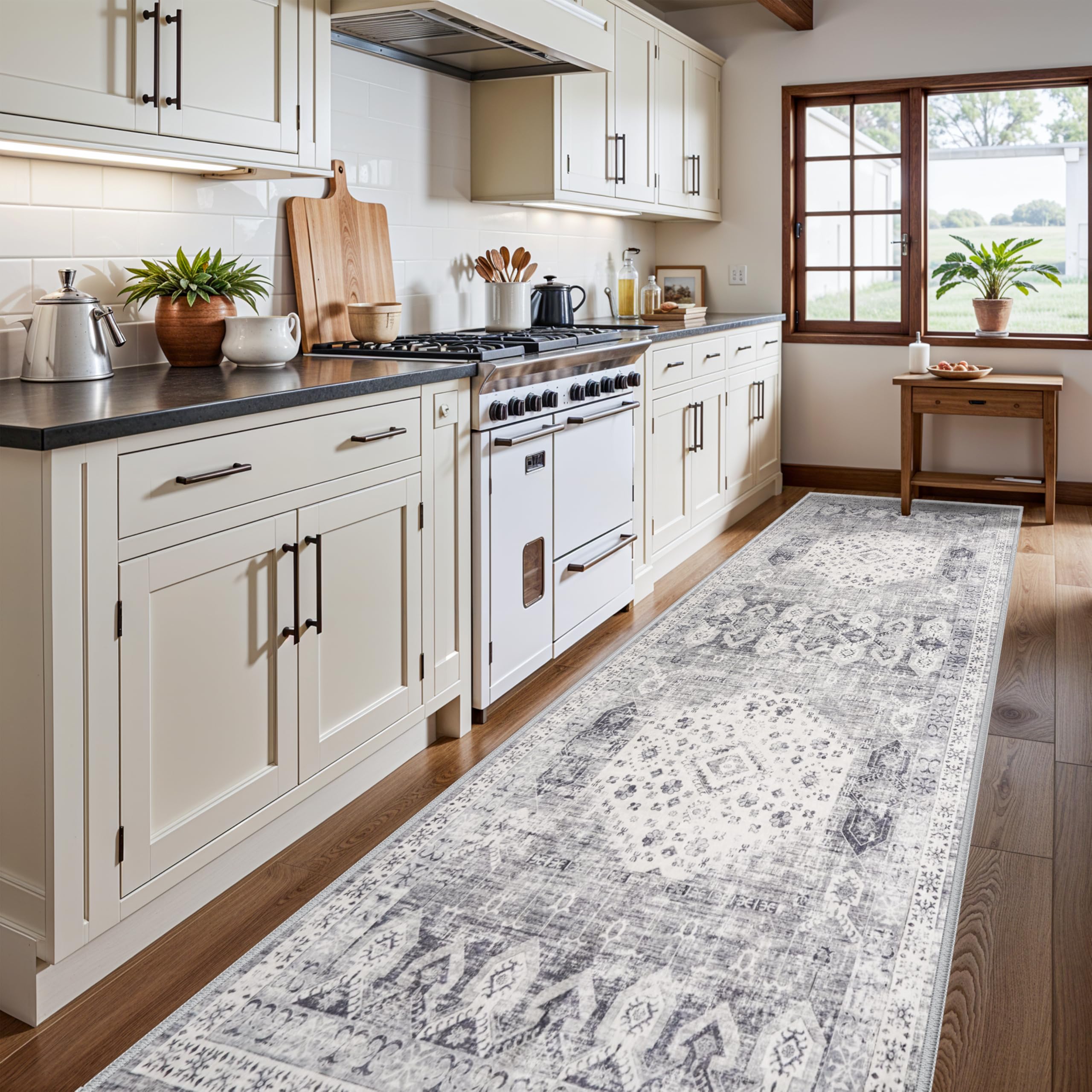 4x12 Washable Kitchen Runner Rug - Wide Indoor Entryway Hallway Rugs with Non Slip Backing Vintage Low Pile Carpet for Bedroom Laundry Ultra Soft Home Decor Floor Mat for Bathroom (Grey,4x12) Image