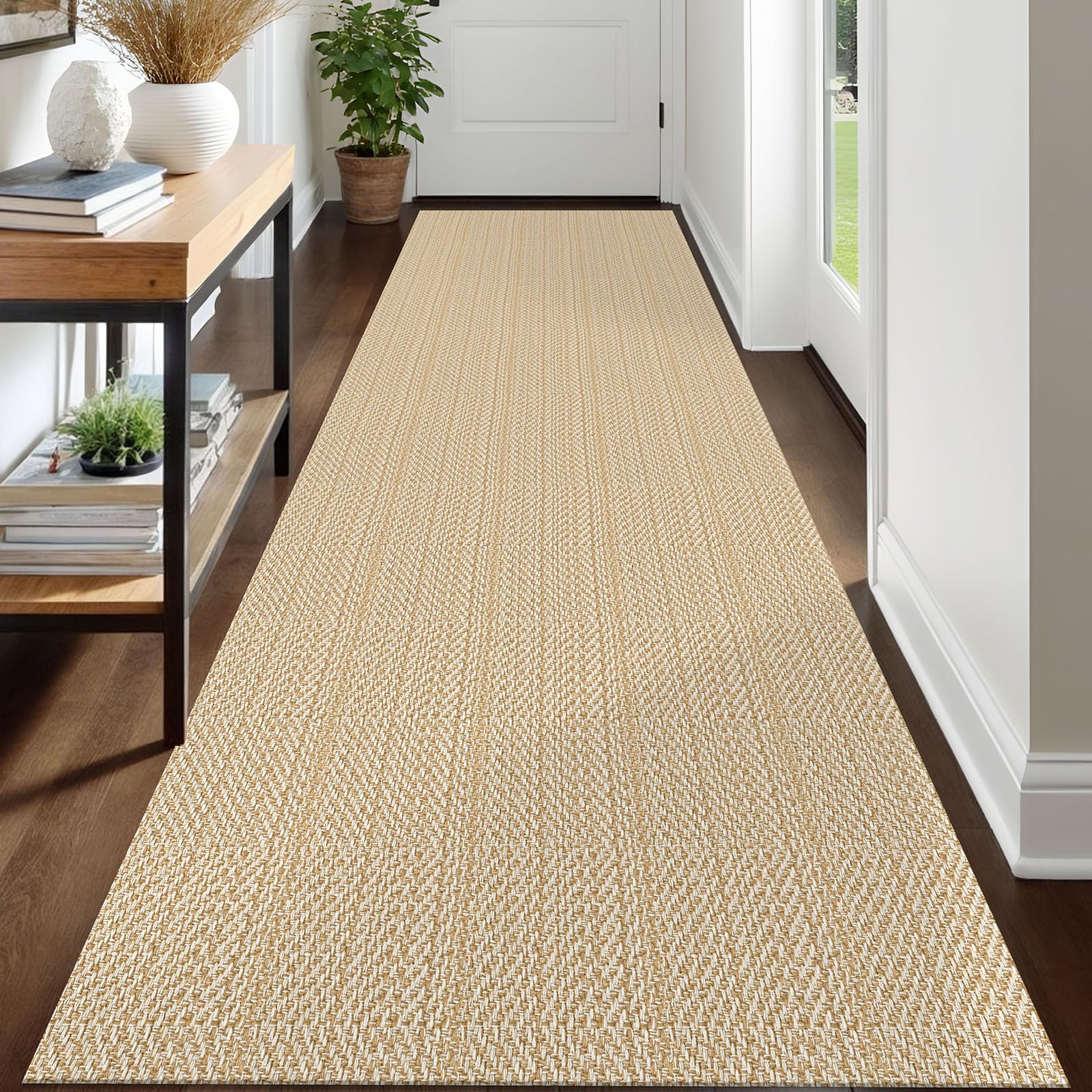 Photo 1 of IOHOUZE Washable Runner Rug 3x12 Non Slip Rubber Backed Extra Long Hallway Runner Entryway Runner Indoor, Kitchen Rugs Woven Cotton Carpet for Hall Entrance Stair, Warm Beige/Orange/Apricot