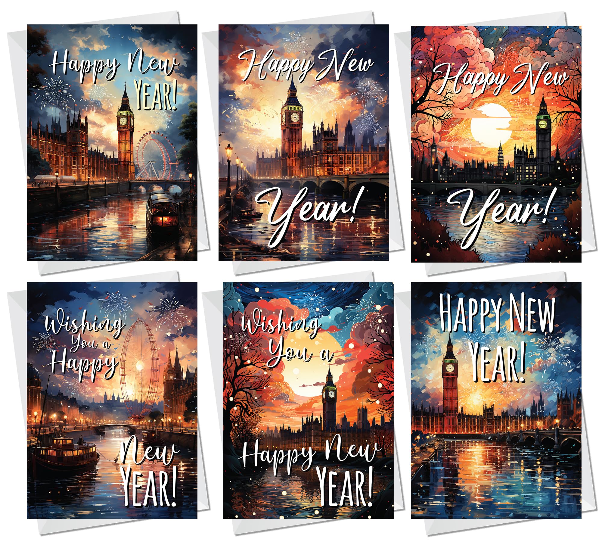 RED OCEAN Happy New Year Cards, Pack of 12 Various New Year Greeting Cards & Envelopes, New Year Cards For Friends Family Neighbours Colleagues