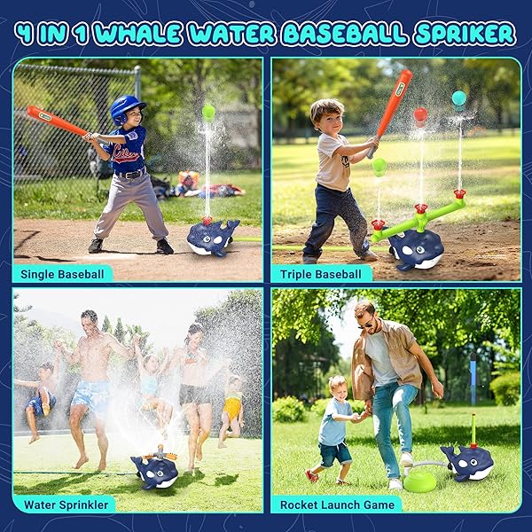 4-IN-1 WHALE WATER SPRINKLER BASEBALL SET FOR KID,SUMMER WATER TOY WITH 3 JETS, 4 BALLS AND ROCKET LAUNCH GAME, KIDS SPRINKLERS WITH 360° ROTATING SPRINKLER,OUTDOOR WATER TOYS FOR KIDS AGE 3+ YEARS