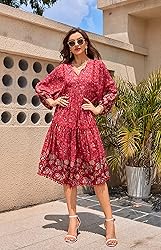 HECCPLI Women's Bohemian V Neck Floral Print A-line