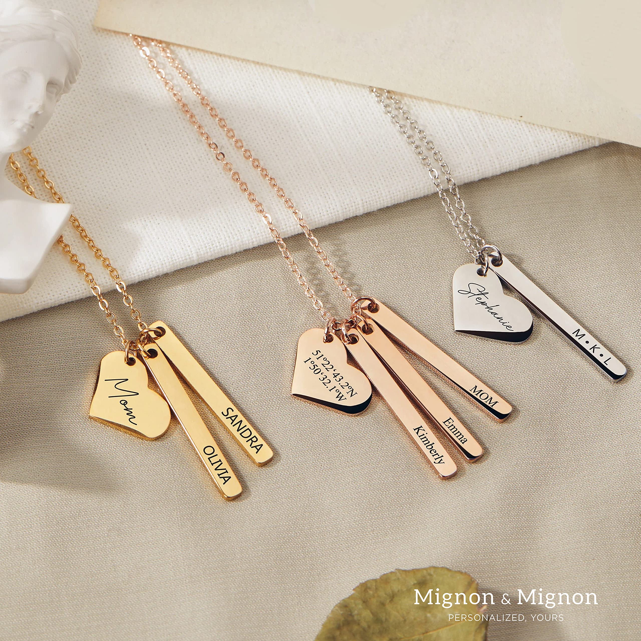 MignonandMignon Personalized Heart and Bar Necklace, Custom Family Name Jewelry for Mom, Gift for Women, Name Necklace – H6N