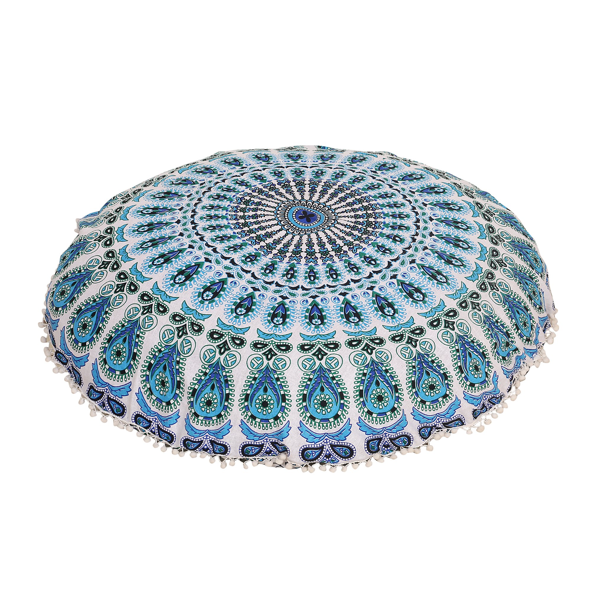 Radhykrishnafashions Indian 32" Large Hippie Mandala Floor Pillow Cover Cushion Cover Round Bohemian Yoga Decor Floor Cushion Case (BLUE WHITE)