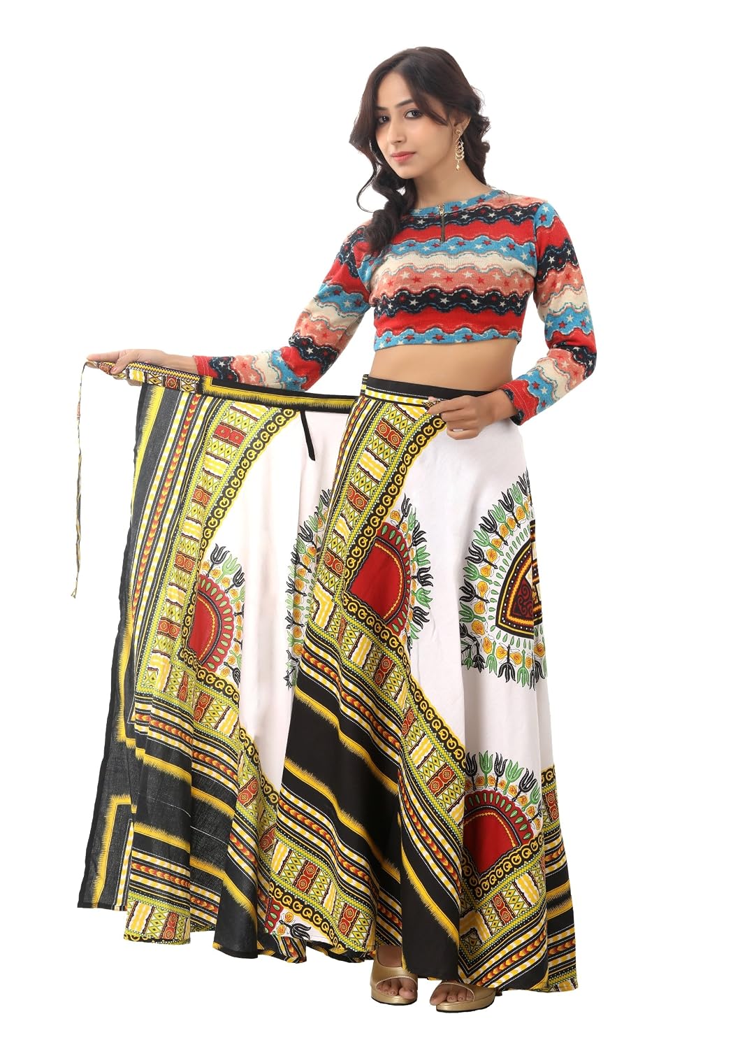 white floral printed wrap around cotton dashiki women's long western wear skirt regular fit wrap around skirt for woman's/girl's by handicraft-palace