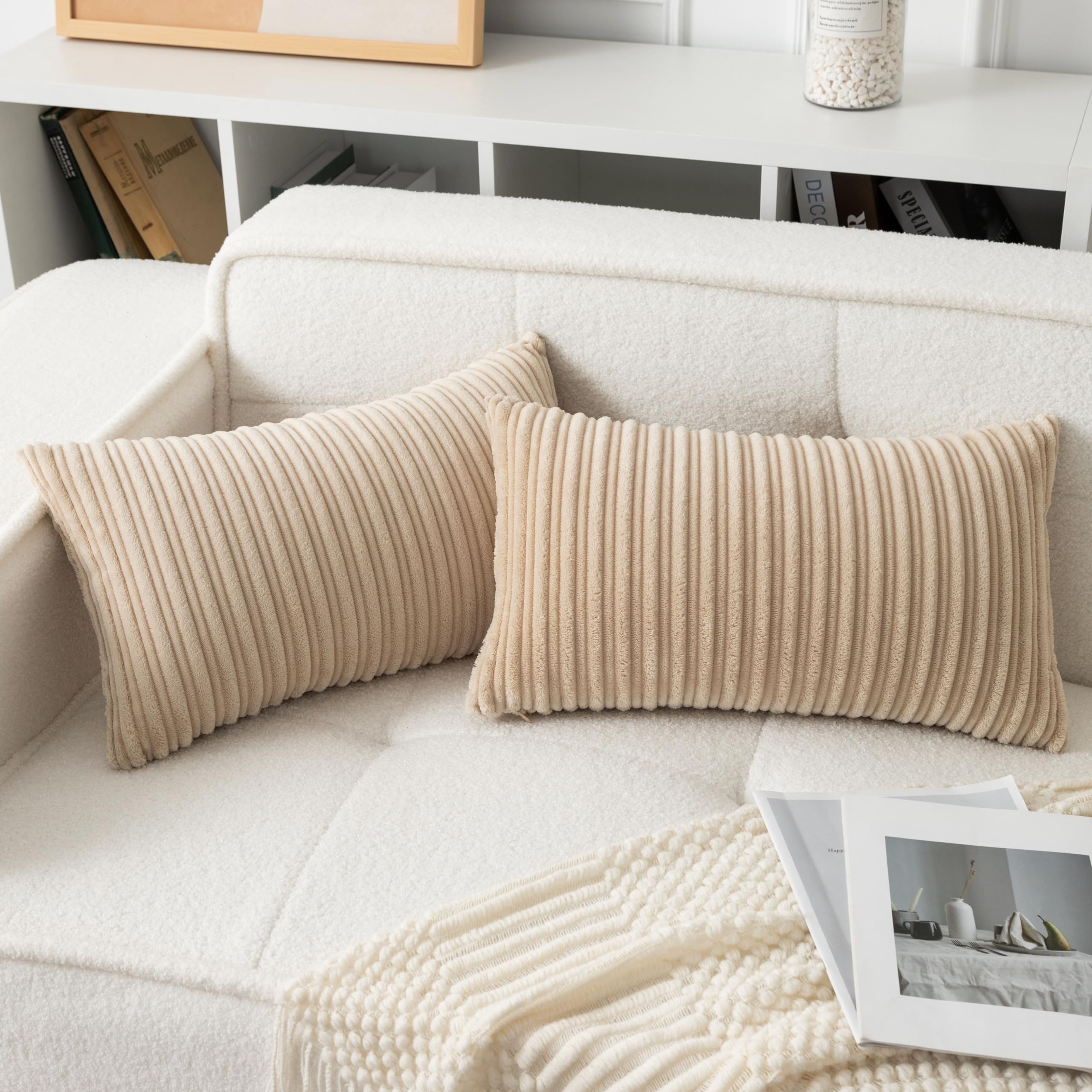 Photo 1 of (used/fair) UGASA Velvet 12x20 Inch Lumbar Soft Throw Pillow Covers Decorative Corduroy Striped Both Sides Solid Rectangular Cushion Cases Boho Farmhouse for Couch Bedroom Sofa Home, Pack of 2, Beige