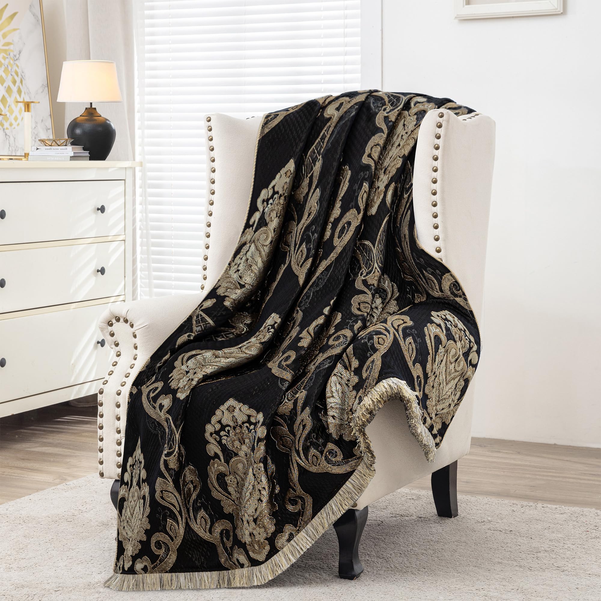 Photo 1 of Loom and Mill Luxury Throw Blanket for Bed Sofa, Jacquard Bed Throws Soft Lightweight Velvet Fall Blankets with Fringes Trim for Couch Recliner Chair Home Decor (Black, 52x72 Inches)