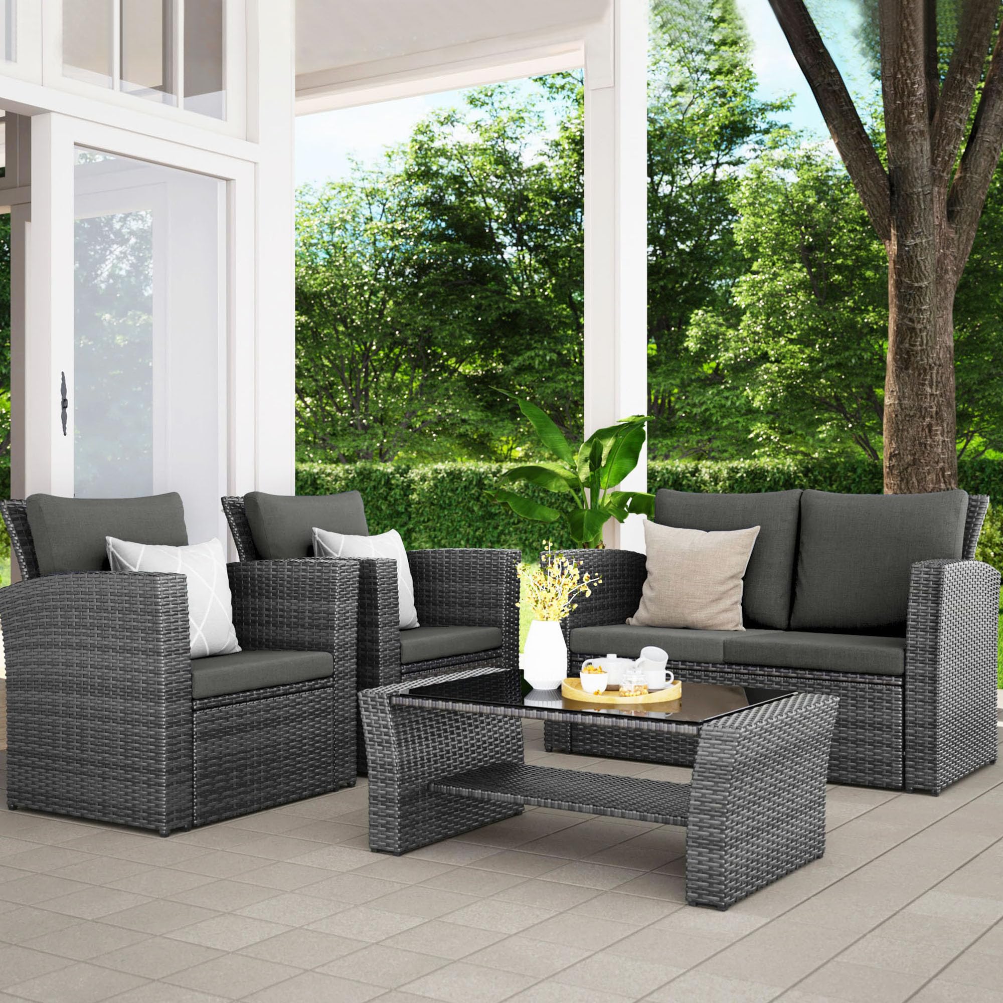 Photo 1 of ***PARTIAL SET*** Wisteria Lane Patio Furniture Set, Wicker Outdoor Patio Conversation Furniture Set, All Weather Outdoor Patio Sofa with Cushion and Glass Table, Dark Grey Box 1/2