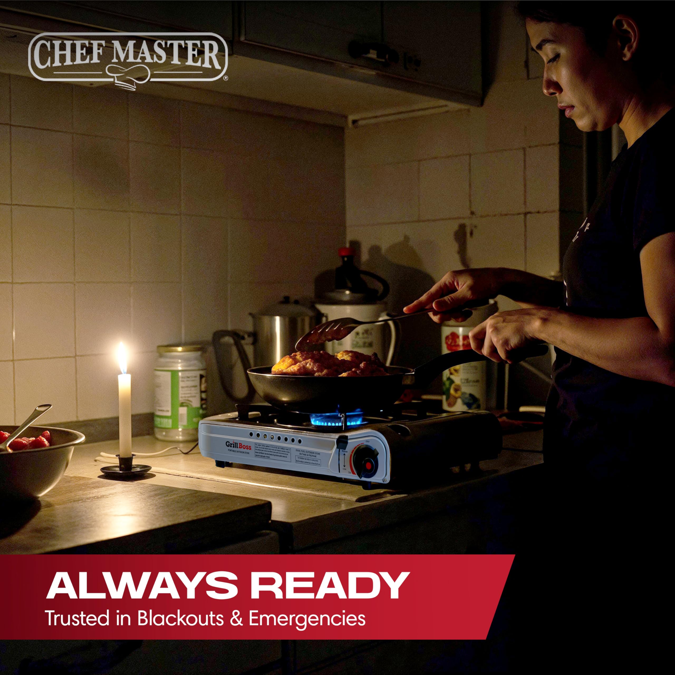 Grill Boss Dual Fuel Camp Stove - 12,000 BTU Butane & Propane Portable Stoves for Camping, Emergencies, BBQ, Hiking & Backpacking - Double Wind Guard, Instant Piezo Ignition System - 90057