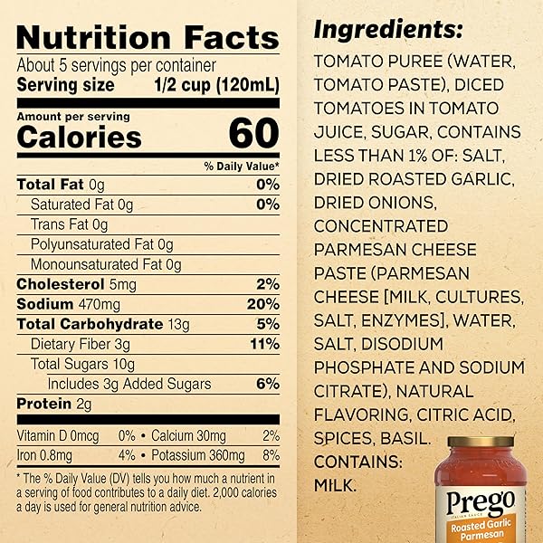 PREGO PASTA SAUCE, ITALIAN TOMATO SAUCE WITH ROASTED GARLIC & PARMESAN CHEESE, 24 OZ JAR