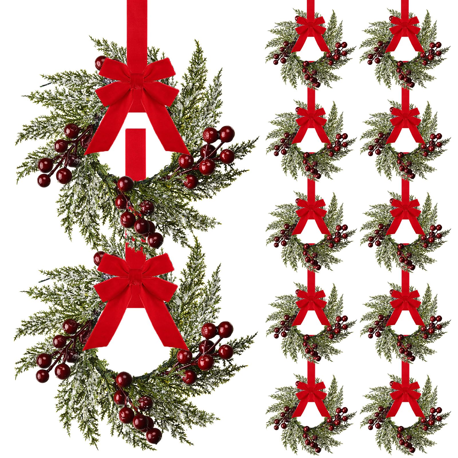 Photo 1 of 12 Pieces 8" Mini Christmas Wreaths - Small for Kitchen Cabinet/Window/Front Door, Artificial Red Berries & Pinecones, Christmas Candle Rings, Table/Farmhouse Decoration (No Ribbon)