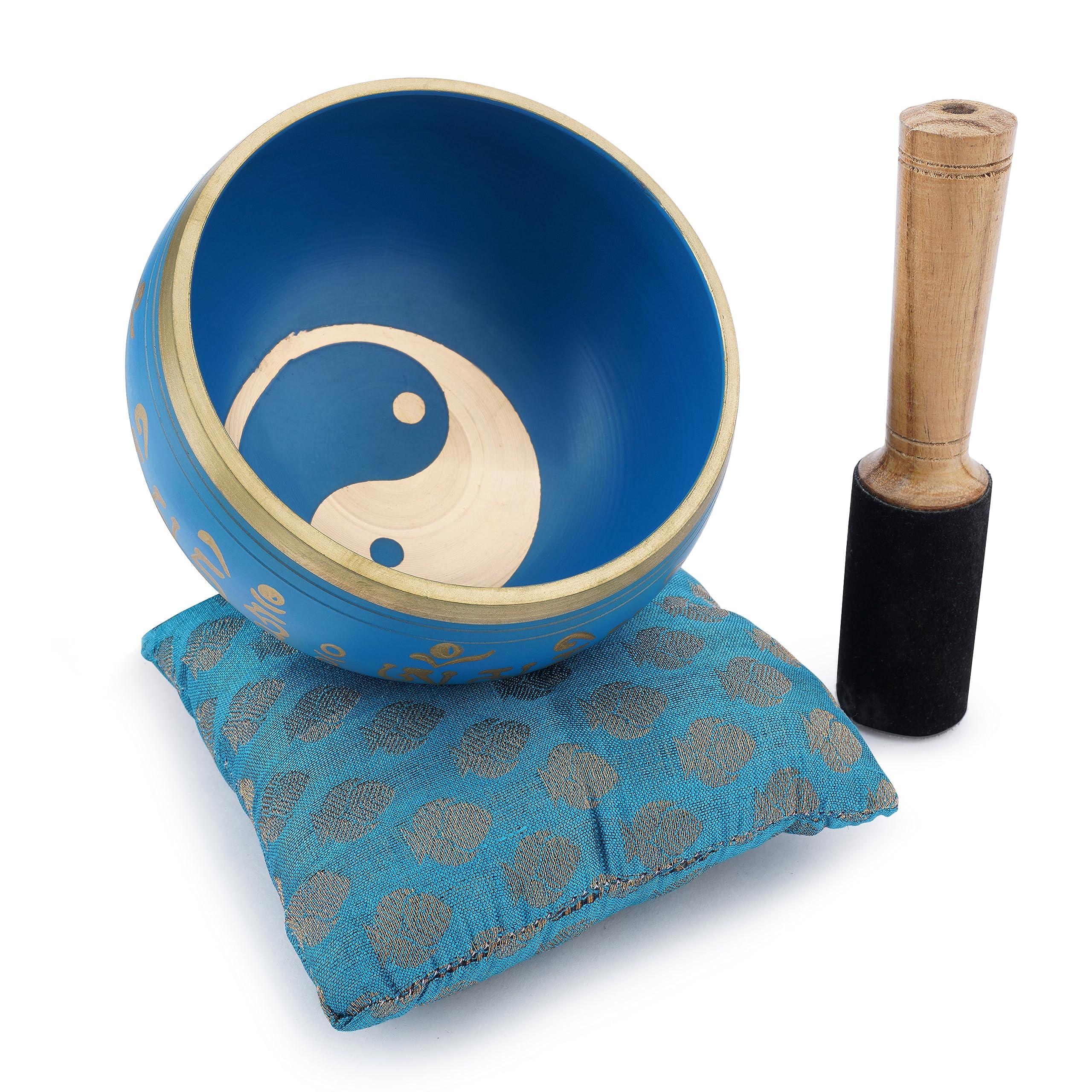 Ajuny Tibetan Singing Bowl Set Handmade Brass Sound Bowl with Mallet & Cushion Yin Yan Tai Chi Design Meditation Yoga Mindfulness & Chakra Healing Therapy Stress Relief Gift (Blue, 4 In)