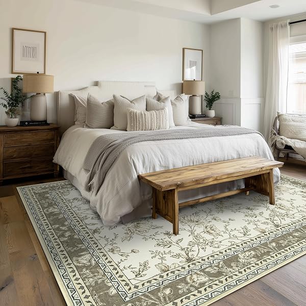 GREYISH BEIGE FLORAL RUG 5X7 MACHINE WASHABLE AREA RUG FOR LIVING ROOM VINTAGE BOHO FARMHOUSE LOW PILE DISTRESSED CARPET FOR DINING ROOM, BEDROOM INDOOR NON-SLIP TAN TAUPE FLOWER DESIGN HOME DECOR