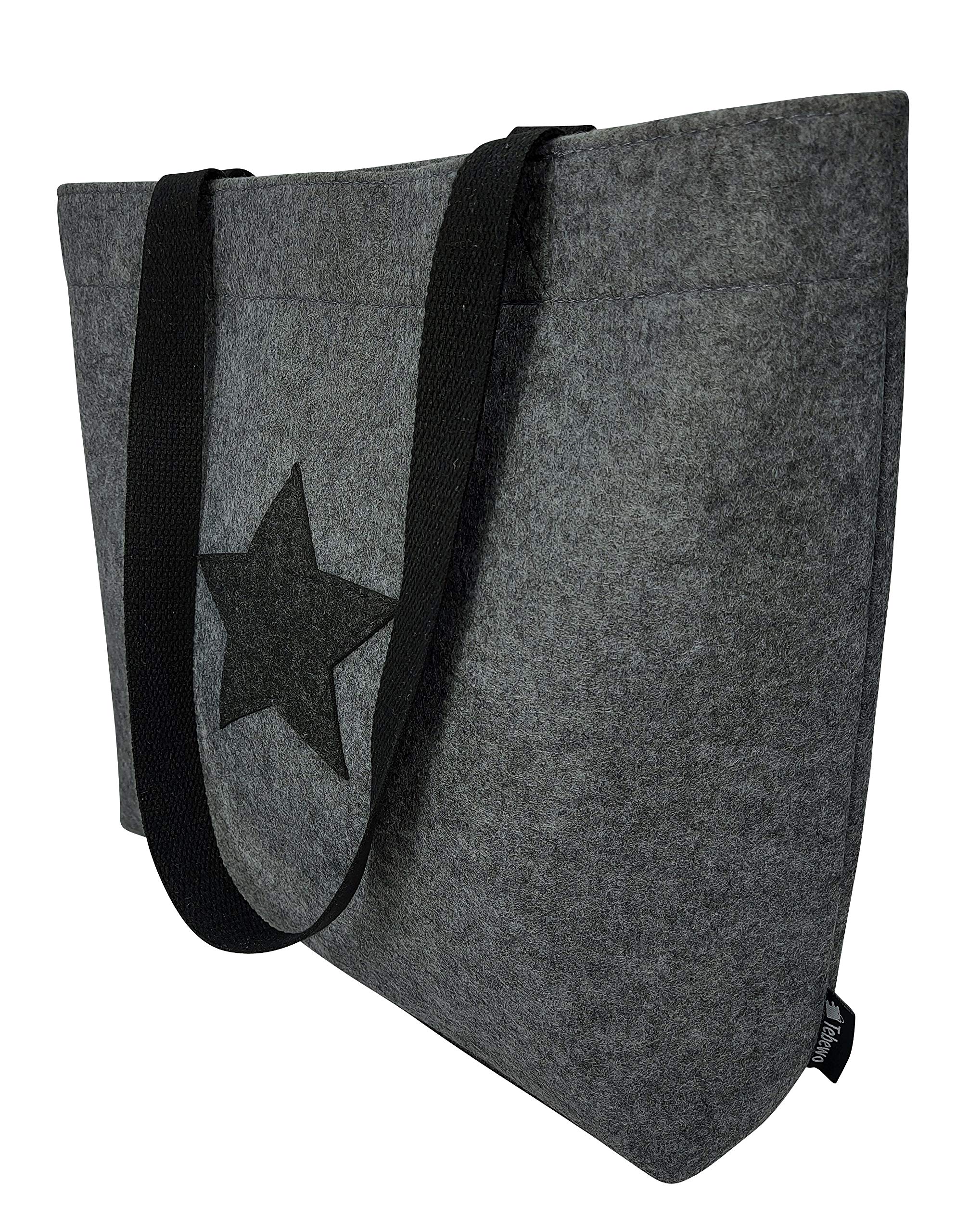 Tebewo Felt Shopping Bag, Large Magnetic Lockable TOTE_BAG with Handle and 2 Inner Pockets, Versatile Foldable Carry Bag, Grey with Star