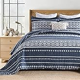 Qiqiong Navy Blue Boho Quilt Set King Size - Boho Striped Quilt Bedding Set - Quilt Set with Shams 3 Piece - 100% Cotton All-Season Lightweight Quilt Coverlet Bedspread Set | Breathable, Soft