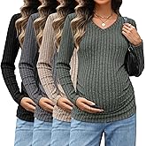 Sweetyweee 4 Pack Maternity Shirts V Neck Long Sleeve Pregnancy Clothes Ribbed Fit Women's Sweaters Winter Mama's Thermal Top