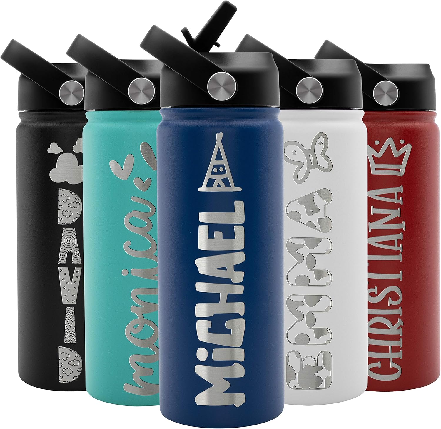 Kids Water Bottle Personalized w Straw Lid, Double Wall Insulated | 18 oz - 9 Color - 36 Icon | Custom Water Bottle w Name for Children
