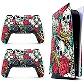 Skin Sticker for Game Console 5 Cover - Rose Skull, Compatible with Both Disc Edition & Digital Edition (not Slim Ver) - 2 Controller Skins & Console Skin - No Bubble, Full Protection, Removable