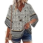 Bebonnie Womens 3/4 Sleeve V Neck Bohemian Peasant Blouses Casual Loose Fit Tunic Tops