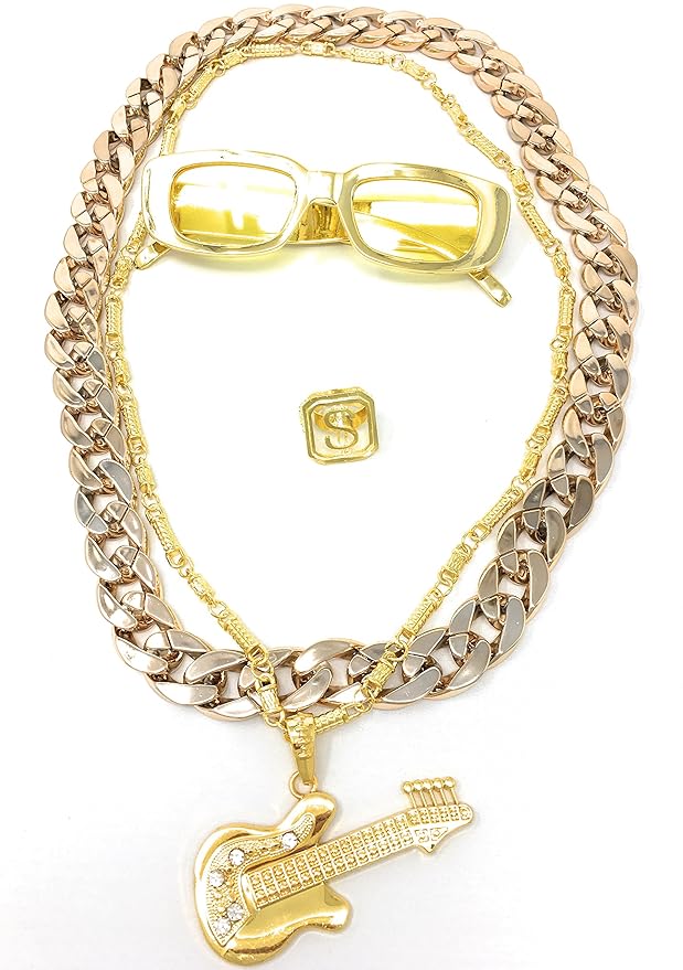 BABO Lude Macho Prolethen Hiphop Rapper Sets 4 bis 5 teilig Ketten Brille Ring (Schmale Brille-Gitarrenkette)