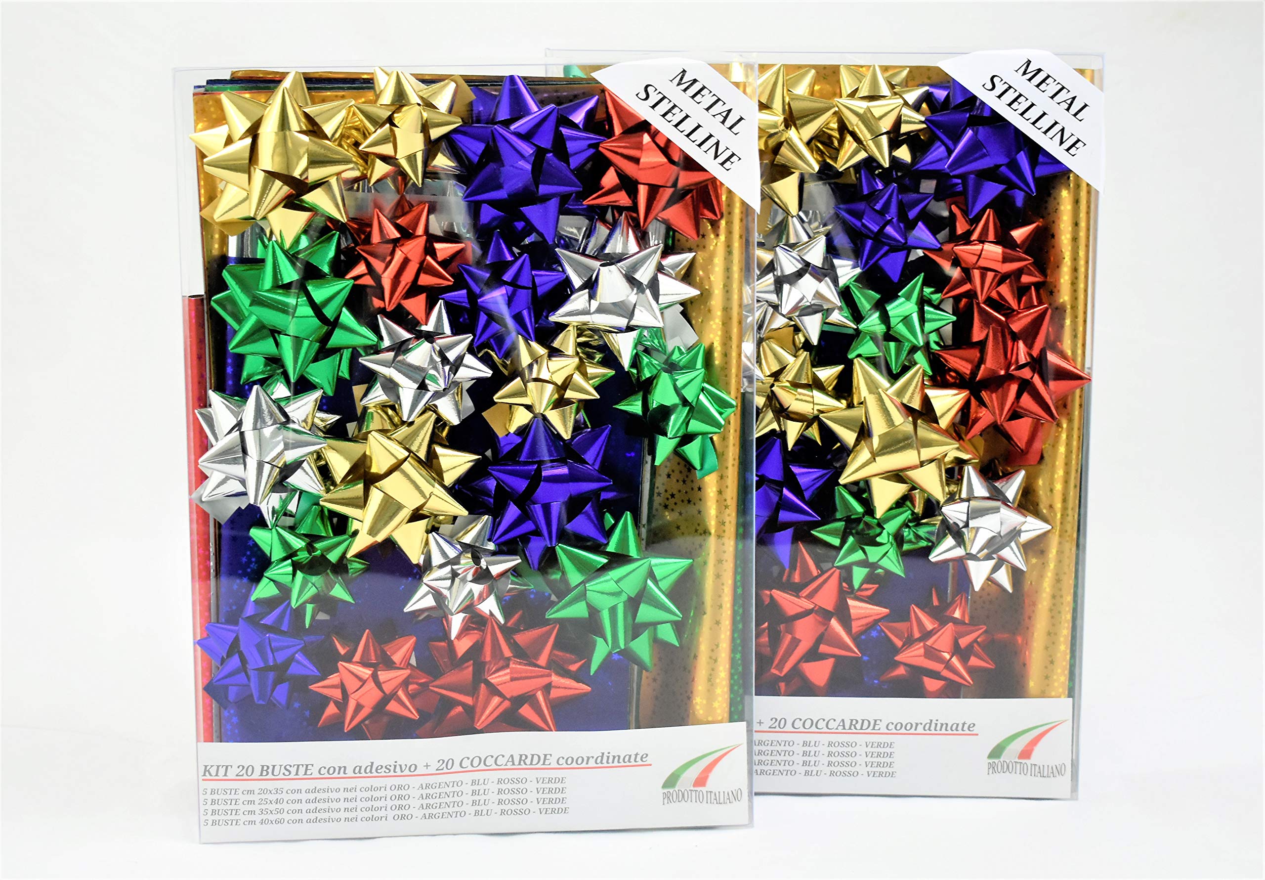 Gift Box Set PPL Bag Kit, Assorted Colours, with or without Adhesive Closure + Coordinated Coordinated Stripes in Various Colours, Patterns and Combinations. (Metal Stars, Double Medium)