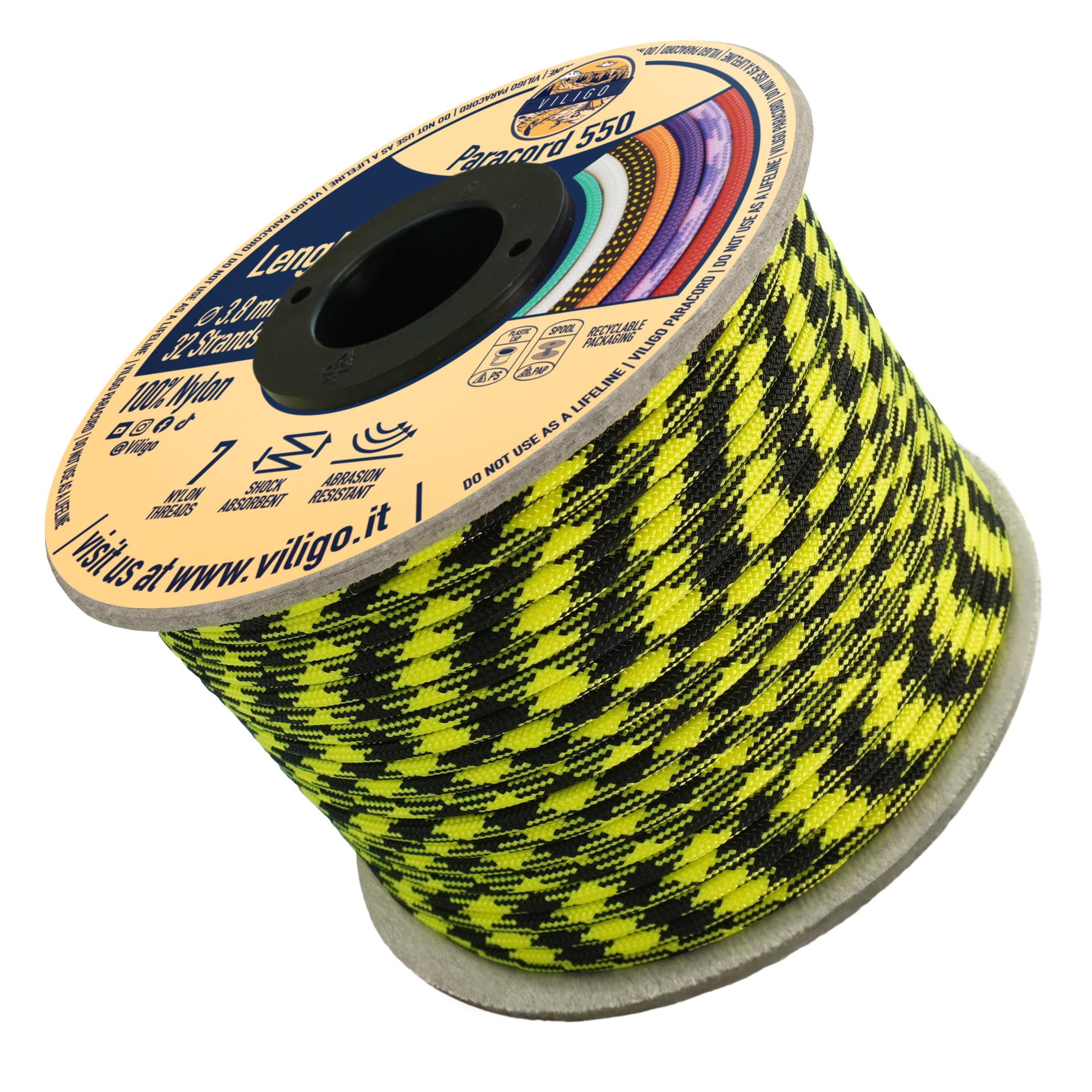 VILIGO Paracord 550 - Type III (3.8 mm) - Nylon Braid, 7 Inner Strands, Ideal for Camping, DIY Projects, Bracelet Making and Accessories (15 m, Eclipse)