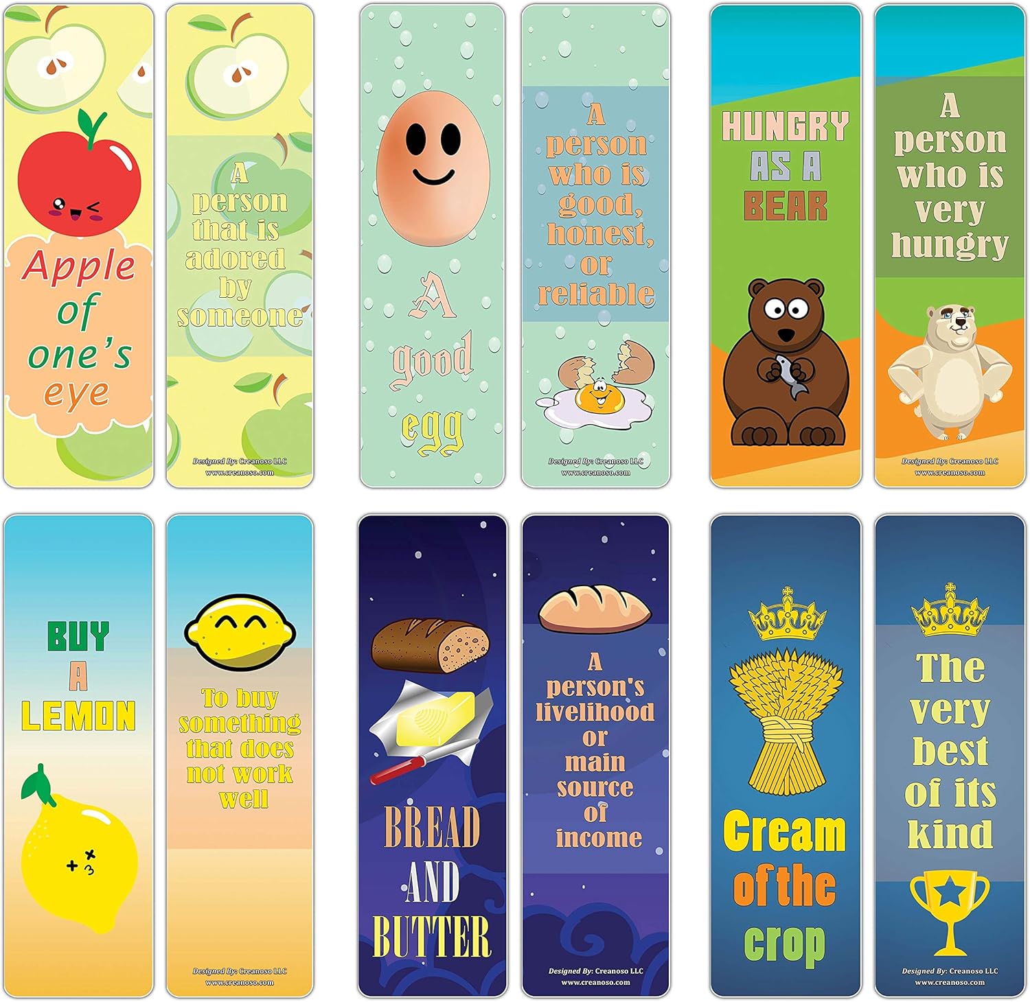 Creanoso Food Idioms Bookmarks Series III (12-Pack) – Funny Idiomatic Expressions Book Page Clippers – Great Stocking Stuffer Gifts for Chefs, Cooks, Food Lovers, Men Women Adult – Business Giveaways