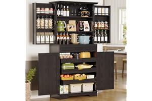 IRONCK Farmhouse Kitchen Pantry Cabinet, 72" Height Tall Freestanding Cupboard with Sliding Storage Rack and 6 Hanging Shelves for Kitchen, Dining Room, Black