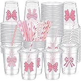 100 Set Valentine Pink Bow Plastic Cups with Lids and Straws 12 oz Cute Bowknot Clear Disposable Cups Bow Birthday Decoration for Hot Cold Drinks Bachelorette Pink Party Baby Shower Favors(100 pcs)
