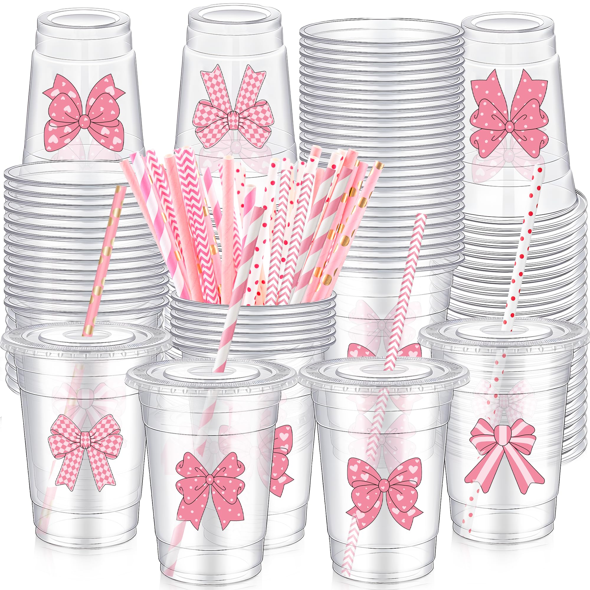 Photo 1 of 100 Set Valentine Pink Bow Plastic Cups with Lids and Straws 12 oz Cute Bowknot Clear Disposable Cups Bow Birthday Decoration for Hot Cold Drinks Bachelorette Pink Party Baby Shower Favors(100 pcs)