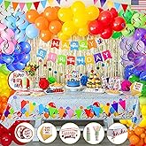 275 PC Colorful Birthday Party Decorations for Boy, Girl- Rainbow Party Supplies, Happy Birthday Banner, Balloons Garland Arch Kit Tablecloth Honeycomb Cake Topper Plates Cups Napkins Straws, 25 Guest