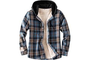 IVUMA Men's Cotton Plaid Long Sleeve Shirts Jacket Fleece Lined Flannel Shirts Sherpa Button Down Coat with Hood