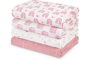 CIVARUA KIDS Muslin Swaddle Blankets for Newborn, 4 Pack Organic Cotton Baby Blanket, Large 31.5 x 43.3 Breathable Soft Receiving Blankets Girl, Essentials Swaddle Wrap Burping Clothes, Pink Rainbow