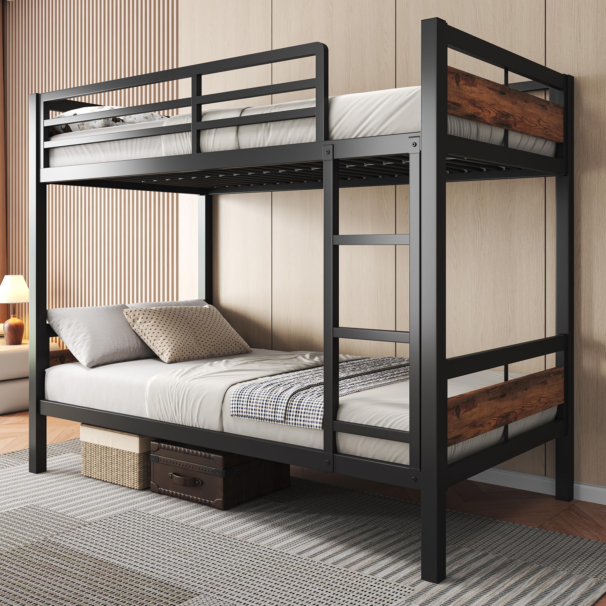 Photo 1 of Feonase Metal Bunk Bed Twin Over Twin with Ladder and High Guardrail, Heavy-Duty Metal Slats Support, Noise Free, No Box Spring Needed, for Kids and Juniors, Vintage
