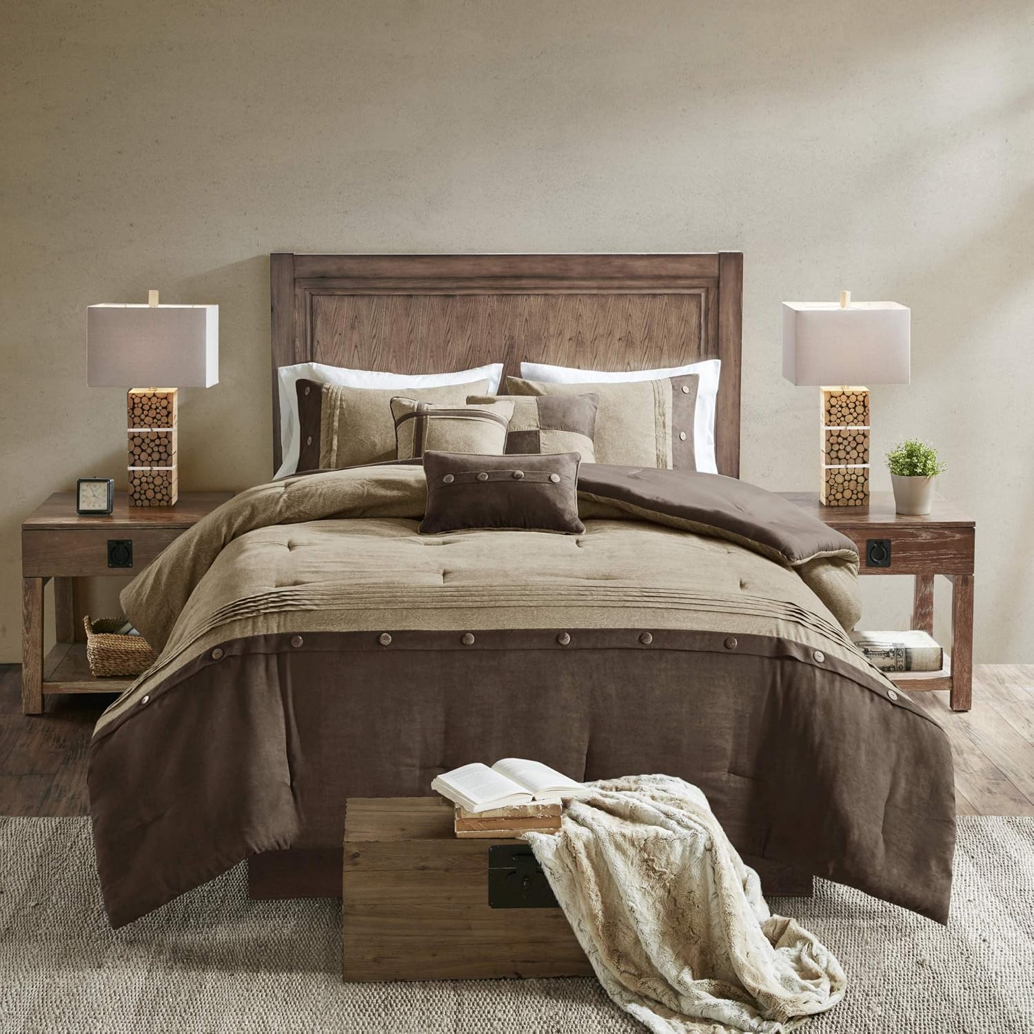 Madison Park Boone 7 Piece Faux Suede Comforter Embroidered Pillows, Bedskirt and Shams Cabin Style Soft Down Alternative Hypoallergenic All Season Bedding-Set, King, Brown: Home & Kitchen