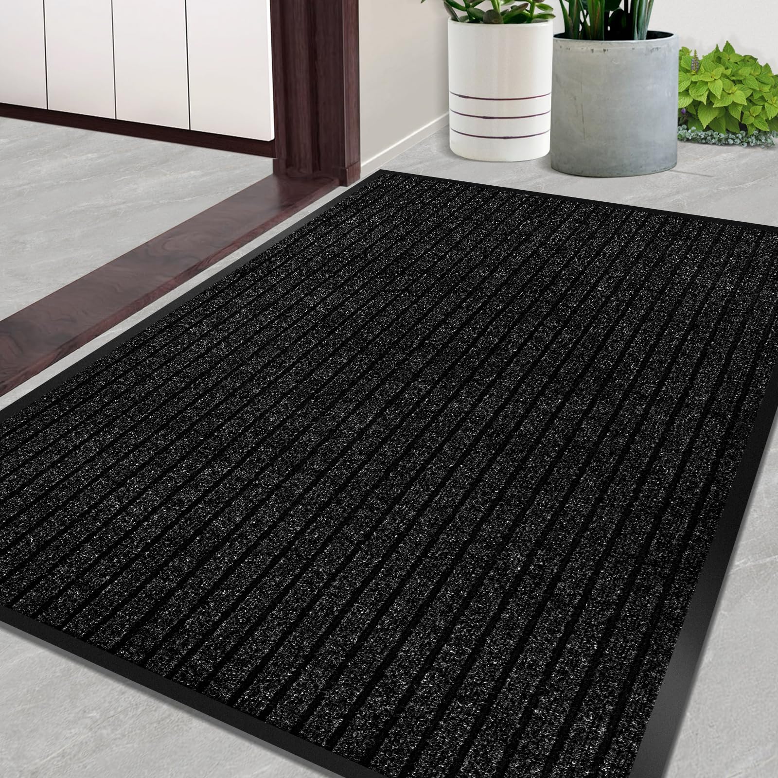 Photo 1 of Door Mat Heavy Duty Outdoor Indoor Doormat Low Profile Front Door Mat Large 35x60 inch Black Striped Entrance Welcome Mats Easy Clean Patio Entrance Mat Waterproof Anti-Skid Rubber Backing
