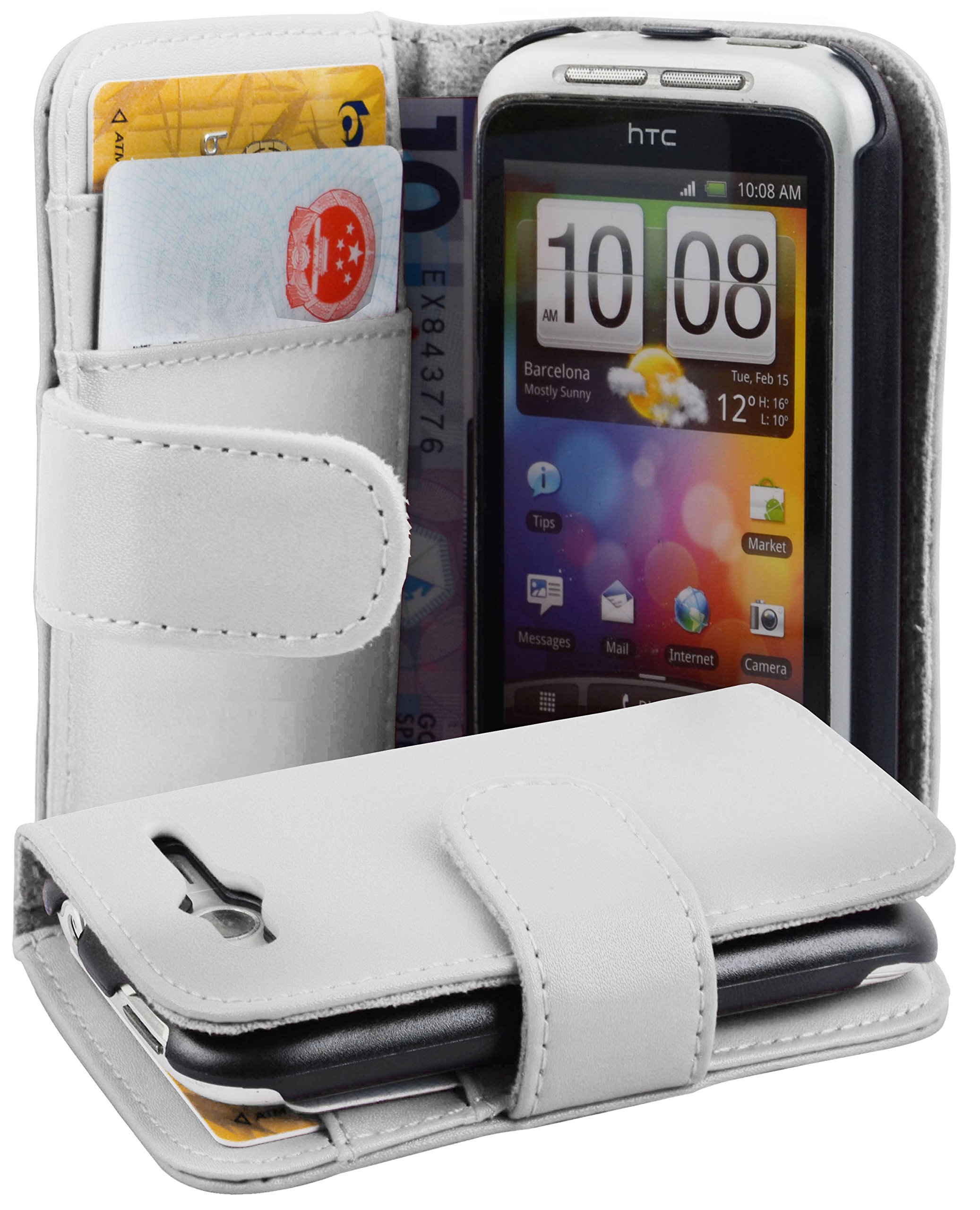 cadorabo Book Case works with HTC WILDFIRE S in SNOW WHITE - with Stand Function and Card Slot made of Smooth Faux Leather - Wallet Etui Cover Pouch PU Leather Flip