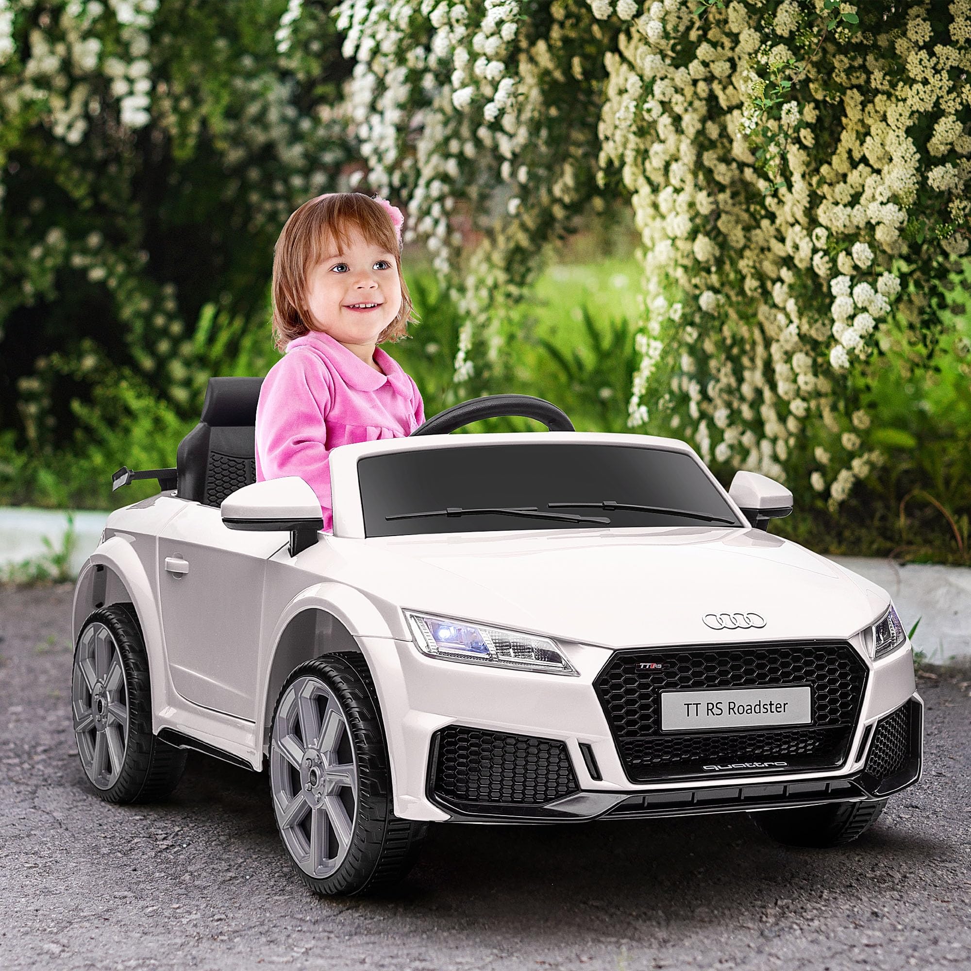 Aosom 6V Kids Electric Ride On Car, Licensed Audi TT RS with Suspension System and Remote Control, Horn, 5 Songs, Lights, MP3 Player, White