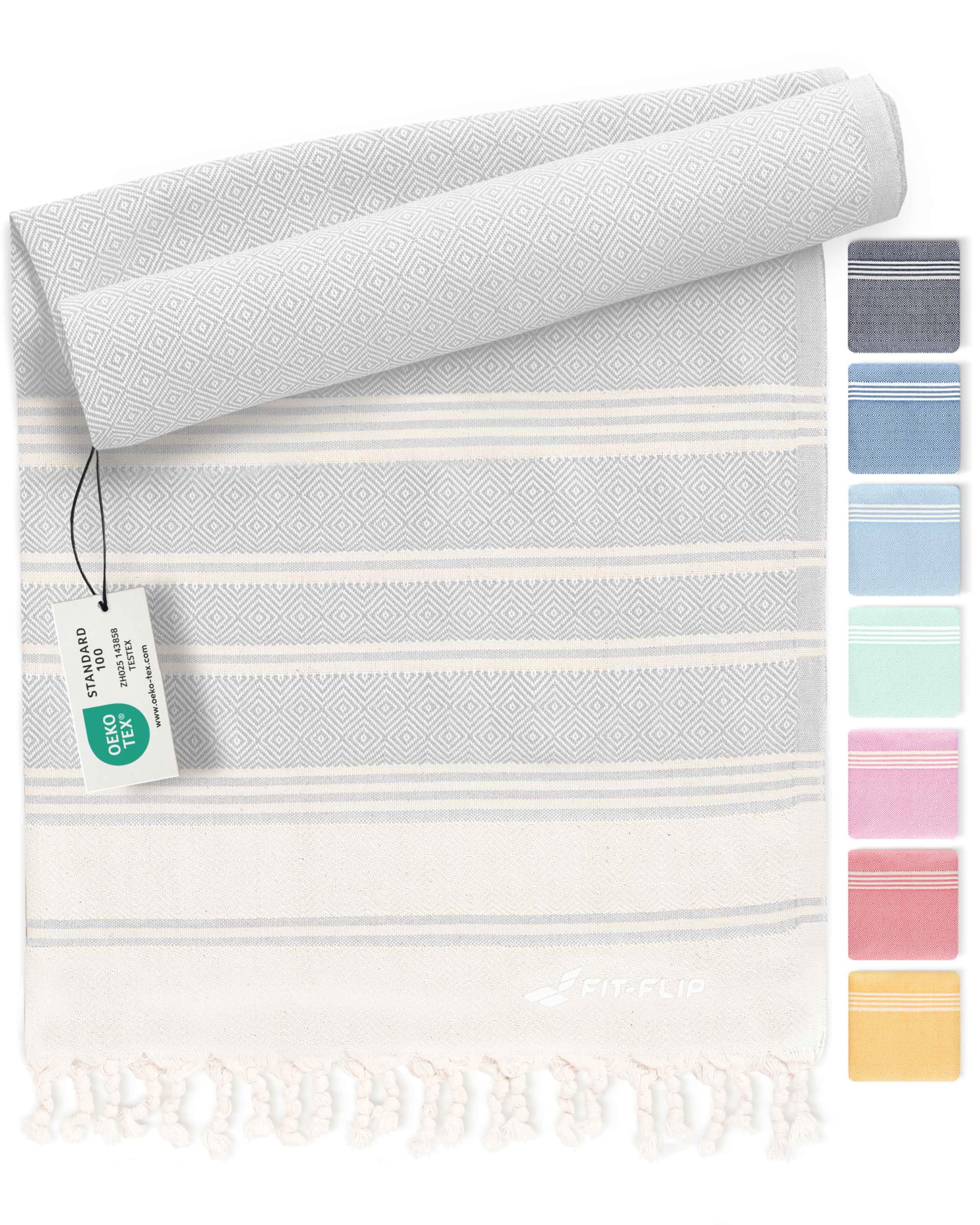 Fit-Flip Hammam Beach Towel XXL Made from 100% Cotton - Quick-Drying Turkish hamam Towels - Large fouta or pestemal Ideal as a Thin Sauna Blanket - Light Grey – 200x200cm Diamond