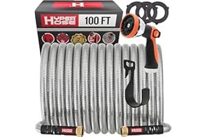 HYPER HOSE Best 100 ft Metal Garden Hose Set - No-Kink Durable 316 Stainless Steel, 10-Way Zync Spray Nozzle & Hook – Tough Flexible Heavy Duty Water Hoses, Naval Brass, Rust, Weather, LeakProof