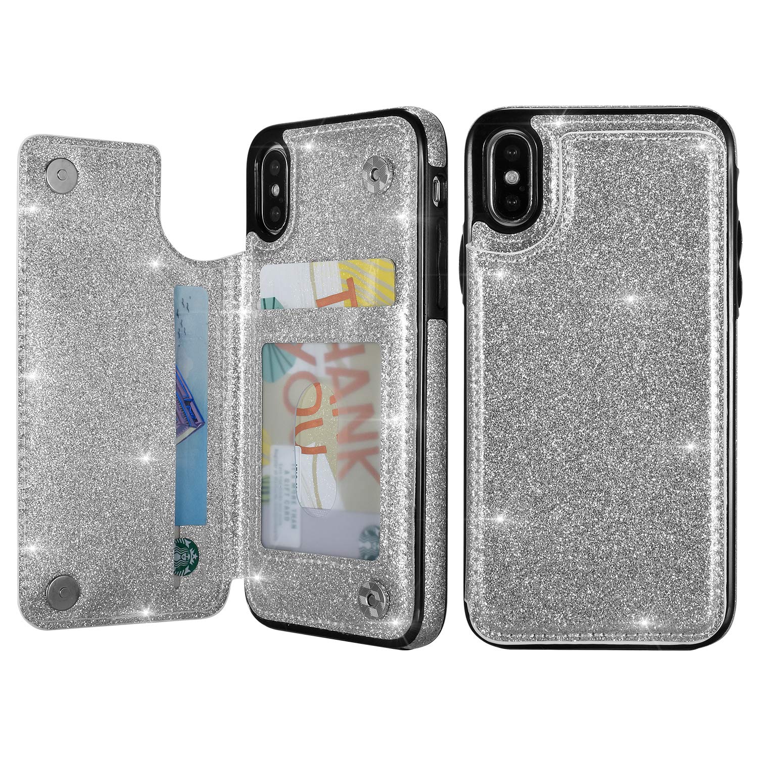 UEEBAI Premium Glitter PU Leather Case Wallet for iPhone X/XS - Silver