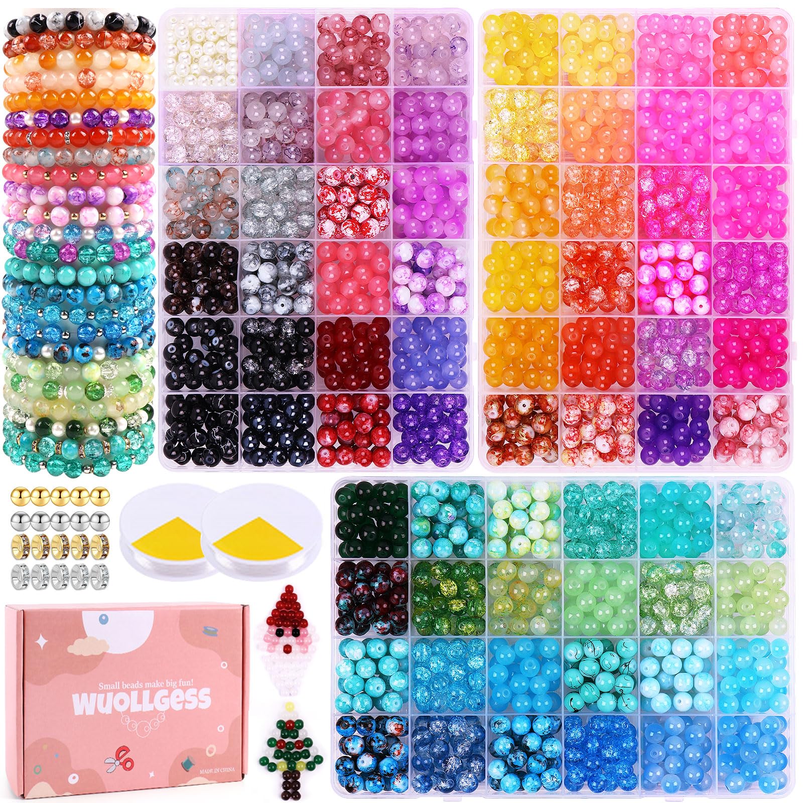 Photo 1 of 2080Pcs 8mm Glass Beads for Jewelry Making, 72 Colors Crystal Beads Bracelet Making Kit, Round Glass Beads for Bracelets and DIY Crafts, Solid, Crackle and Marble Colors, 3 Box