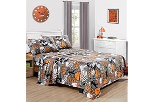 Chezmoi Collection 4-Piece Kids/Teens Basketball Sheet Set - Soft Microfiber Gray Orange Black Printed Sports Basketball Slam Dunk Fun Kids Sheets, Queen Size