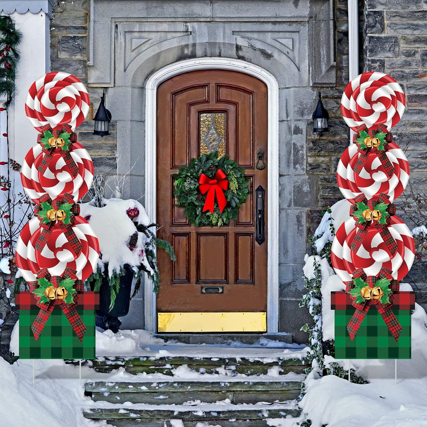 Decorative Garden Stakes - Queekay Christmas Candy Decorations Outdoor Red Plaid Bow Christmas Decor Peppermint Christmas Yard Stakes Signs Yard Christmas Decorations for Home Lawn Pathway Walkway Themed Party (8 Pieces)